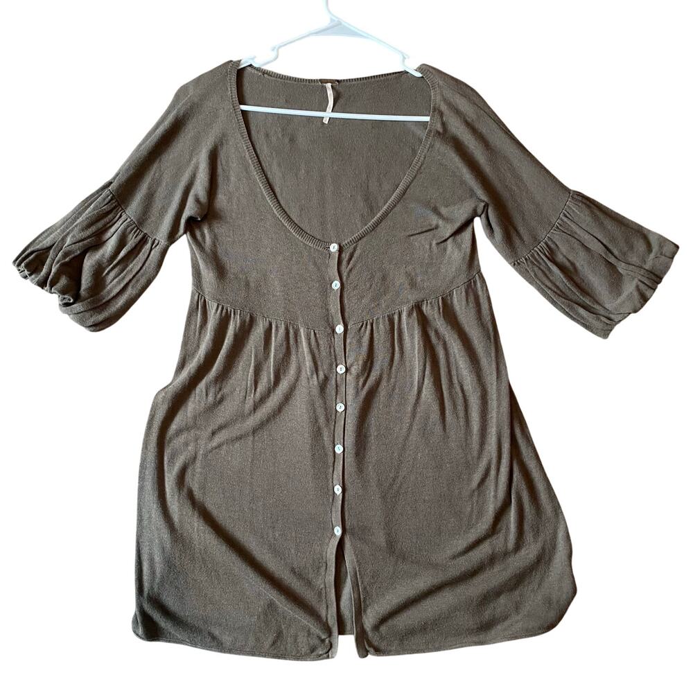 Free People Knit Button Front Babydoll Top Large Taupe Cotton Modal Y2K 2000s